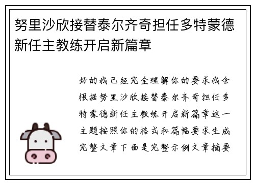 努里沙欣接替泰尔齐奇担任多特蒙德新任主教练开启新篇章