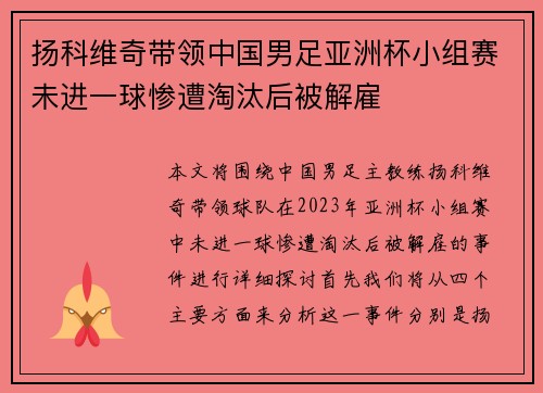 扬科维奇带领中国男足亚洲杯小组赛未进一球惨遭淘汰后被解雇 扬科维奇带领中国男足亚洲杯小组赛未进一球惨遭淘汰后被解雇